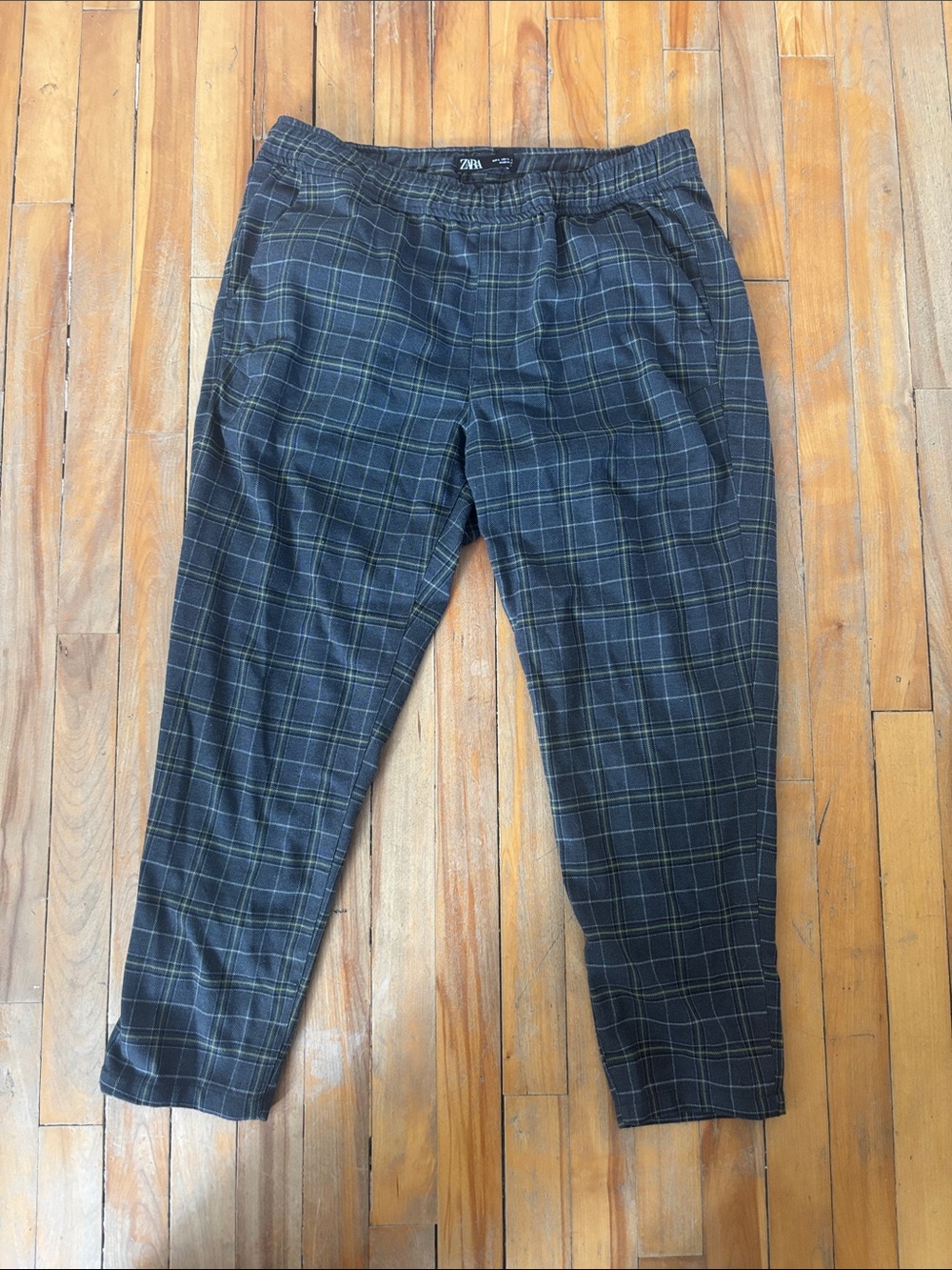 Zara Men’s Navy and Green Plaid Tapered Trousers